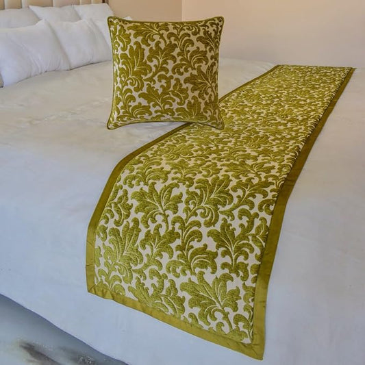 The HomeCentric King/Queen/Twin Chartreuse Decorative CA King 86"x18" Bed Runner with 2 Pillow Cover, Velvet, Floral Pattern Bed Scarf on Velvet Fabric - Enchanted Chartreuse