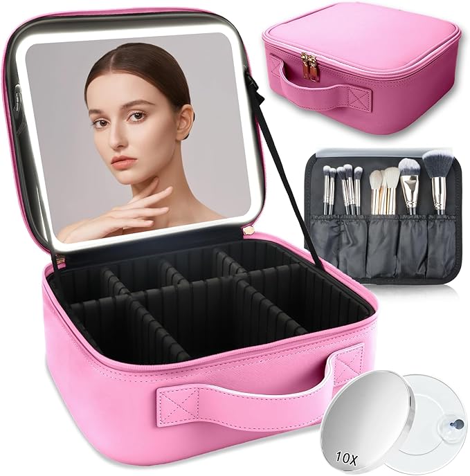 Makeup Bag with Led Mirror,Travel Makeup Organizer with 3 Color Setting & 10X Magnifying Mirror, Portable Storage and Adjustable Dividers Travel Makeup Bag-Dark Pink
