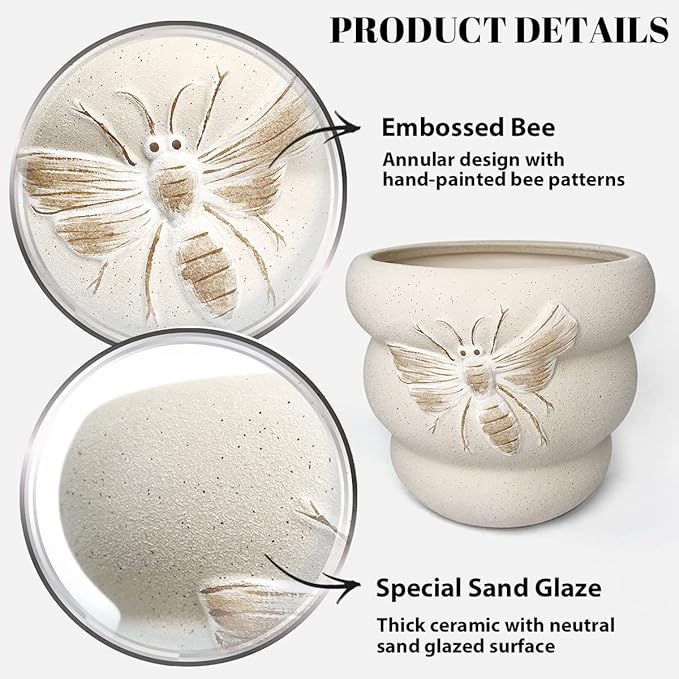 Terracotta Pots with Drainage Holes Bee Decor, Ceramic Pots