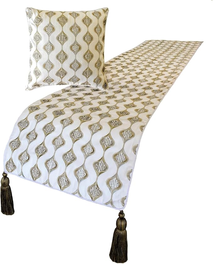 The HomeCentric King/Queen/Twin Beige Decorative Bed Runner Queen 74"x18" Bed Runner with Two Pillow Cover, Embroidery, Geometric, Beaded Hand Embroidery Bed Scarf on Linen Fabric - Mahsa