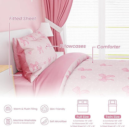 SANDJEST Bow Comforter Set Full Size 98x86in for Kids Girls, Microfiber 4 Pcs Bedding Set Includes 1 Comforter, 2 Pillowcases, 1 Fitted Sheet, Nursery Room Decor
