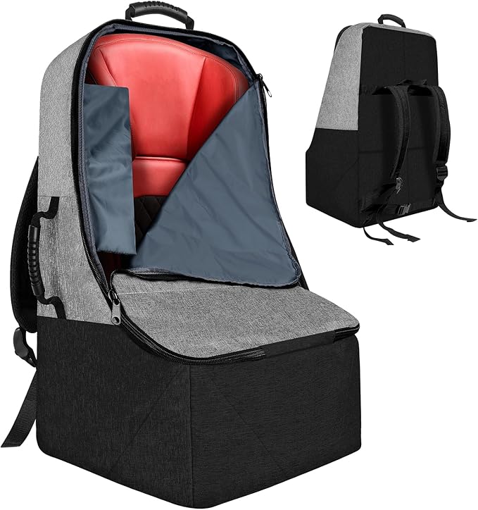 Padded Car Seat Travel Bag for Airplane, Heavy Duty Backpack for Air Travel, Water-Resistant Carrier with Shoulder Strap, Fits Most Car Seats (Grey+Black)