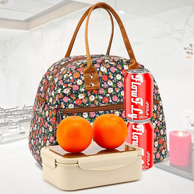 FlowFly Insulated Lunch Bag With Shoulder Strap for Women, Men, and Kids, Large and Reusable, Handle, Freezable Work and School Travel Tote and Meal Prep Organizer,Floral
