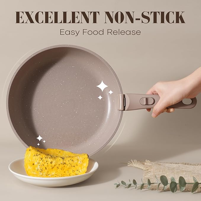 15Pcs Pots and Pans Set Non Stick, Cookware Sets with Detachable Handle, Nonstick RV Kitchen Cooking Tools Removable Handles, Oven Safe, Induction Fast, Stackable Induction Cookware, Brown