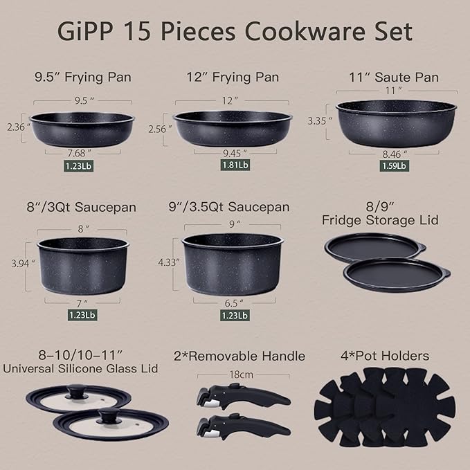 GiPP Ceramic Pots and Pans Set Non Stick, Nonstick Detachable Handle Cookware Sets, Healthy Non Toxic PFAS PFOA & PTFE Free, Dishwasher ＆Oven Safe, Induction Kitchen Pot and Pan, 15 Piece Grey