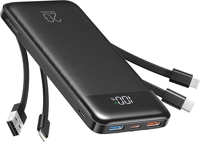 charmast 20000mAh Portable Charger with Built in Cables, 22.5W Travel Power Bank Fast Charging, USB C Cell Phone Battery Pack for iPhone 16/15/14/13/12/11 Series, iPad, Samsung, Android, Tablet
