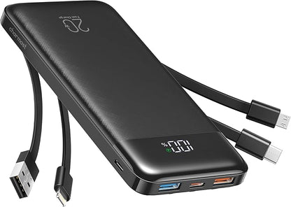 charmast 20000mAh Portable Charger with Built in Cables, 22.5W Travel Power Bank Fast Charging, USB C Cell Phone Battery Pack for iPhone 16/15/14/13/12/11 Series, iPad, Samsung, Android, Tablet