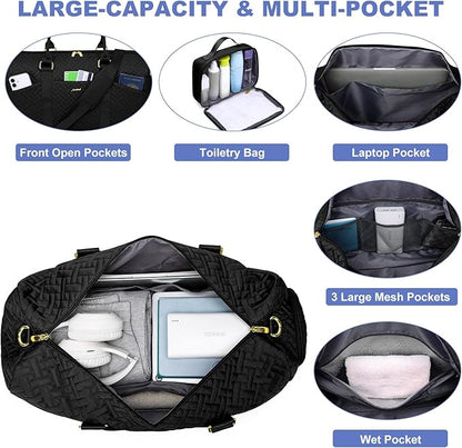 Women Duffle Weekender Travel Bag: Large Duffel Bags with Shoe Compartment Carry On Overnight Tote Bag with Wet Pocket Toiletry Bag Traveling Weekend Gym Yoga Hospital Bags for Labor & Delivery Black