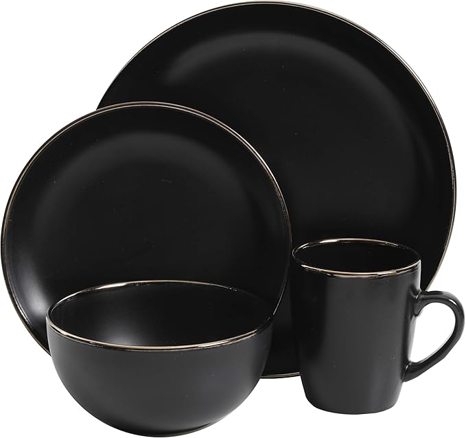 Gibson Home Rockaway Round Stoneware Dinnerware Set, Service for 4 (16pcs), Black/Gold Rim