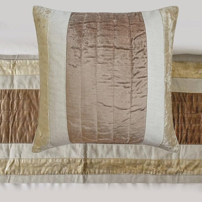 The HomeCentric King/Queen/Twin Beige Luxury Twin 53"x18" Bed Runner with One Pillow Cover, Velvet & Patchwork Bed Scarf on Velvet Fabric - Luxe Velvet Lines