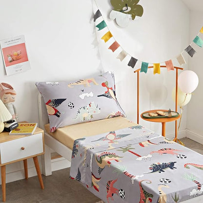 UOZZI BEDDING 4 Piece Gray Dinosaurs Toddler Bedding Set with Colorful Dinos Boys Bed Comforter Sheet Set