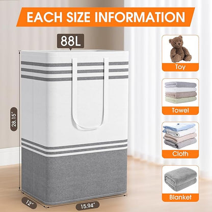 2 Pack Large Home Laundry Basket, Laundry Hamper, Freestanding Waterproof Dirty Clothes Bag, Tall Clothes Hamper - Extended & Reinforced Handles for College Dorm, Family (Light Grey/88L)