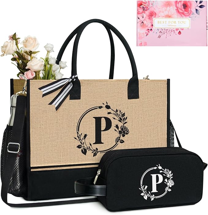 TOPDesign Personalized Initial Canvas Tote Bag, for Wedding, Birthday, Beach, Perfect Gifts for Women, Mom, Teachers, Friends