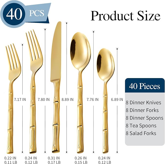 Gold Silverware Set 40-Piece Bamboo Pattern Service