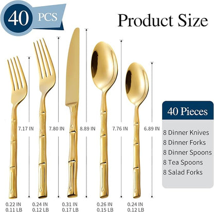 Gold Silverware Set 40-Piece Bamboo Pattern Service