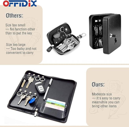 OFFIDIX PU Leather Portable Key Cabinet,8-Key Hooks Portable Zippered Key Case Menus Card Organizer Holder Business Padfolio for Real Estate Sales,Hotel Executives, Car Service