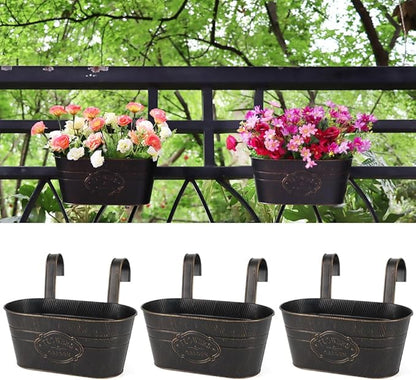 3 Pack Metal Railing Planters, 10.5" Oval Hanging Flower Pots