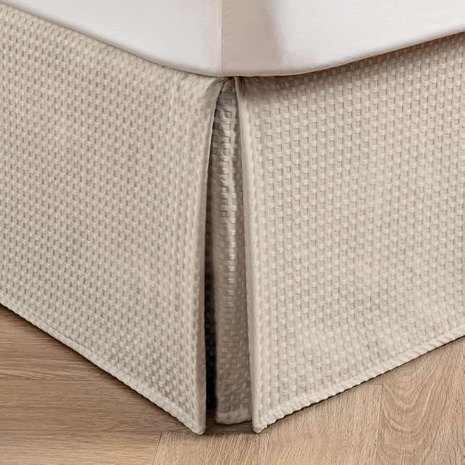MIYE Pleated Waffle Weave Bed Skirt, Tailored Dust Ruffle 18 Inch Drop Easy Fit, Machine Washable,No Split Corners (Beige, Queen - 18" Drop)