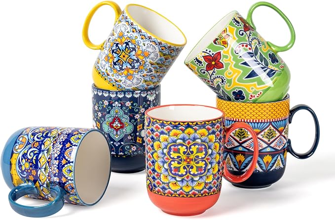 HENXFEN LEAD Boho Ceramic Coffee Mugs Set of 6, 14 oz | Assorted Patterns