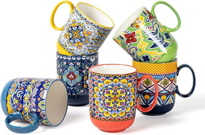 HENXFEN LEAD Boho Ceramic Coffee Mugs Set of 6, 14 oz | Assorted Patterns