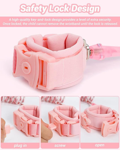 Anti Lost Wrist Link, Dr.meter 2 Pack Toddler Safety Leash with Key Lock, Reflective Child Walking Harness - Dual 8.2ft Length Pink & Blue Parent Kids Leash for Outdoor Activity Travel Gear