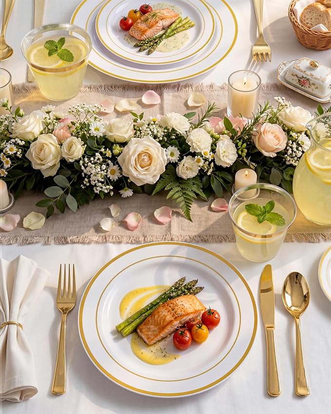 bUCLA 300PCS Gold Disposable Dinnerware Set