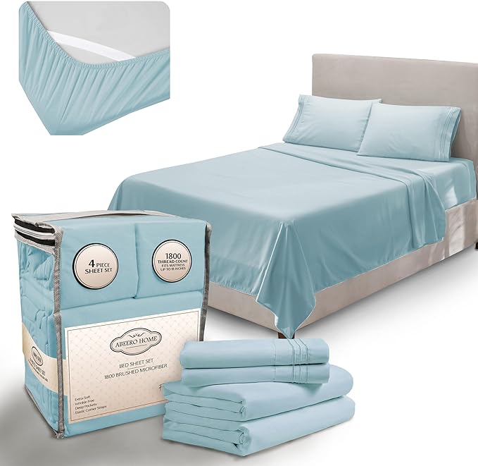 King Size Sheets Set Cooling - Luxury Hotel Sheets - Soft Bed Sheet with Elastic Corner Straps - Deep Pockets Microfiber Bedsheet - Bedding Sheet & Pillowcases - 4 PC (King, Light Blue)
