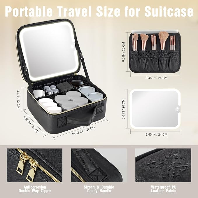 Makeup Bag with Removable Lighted Mirror, Travel Make up Bag with Lights Portable Makeup Case Organizer with Mirror 360° Adjustable Angle, Partitionable Cosmetic Bag Accessories Makeup Train Case Gift