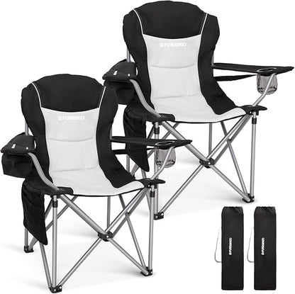 FUNDANGO Folding Camping Chair Heavy Duty, 2 Pack Oversized 440 Lbs Support Outdoor Camp Chairs with Lumbar Support & Cooler Pocket for Fishing Backyard Sports Beach Garden (Black/Grey)