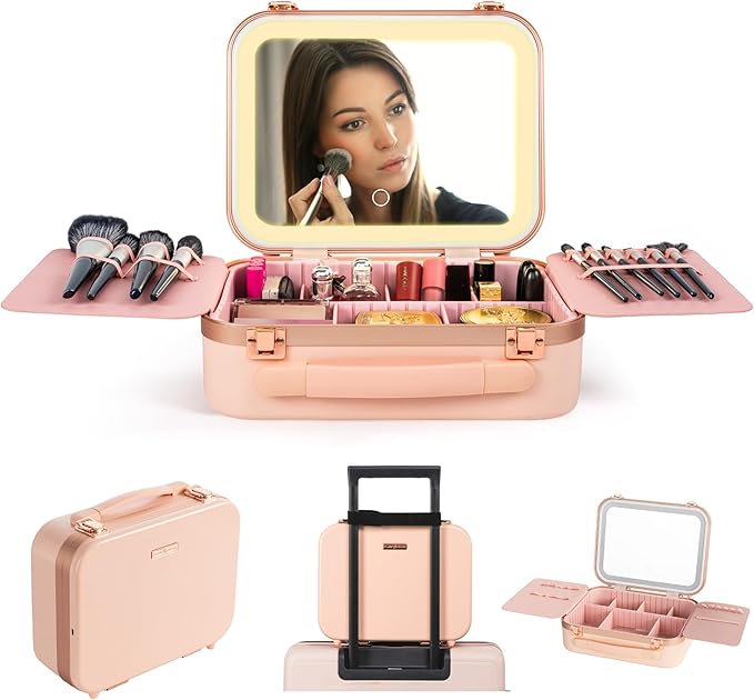 Lighted Makeup Case with Mirror - Standard Size 11.4" x 9" - Travel Makeup Case With Mirror - Rechargeable LED Travel Vanity Case with Adjustable Brightness - Train Case Makeup Bag - Pink