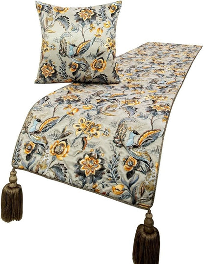 The HomeCentric King/Queen/Twin Grey & Yellow Decorative Queen 74"x18" Bed Runner Without Pillow Cover, Peacock, Quilted & Tassels Bed Scarf on Satin Fabric - Peacock Swag
