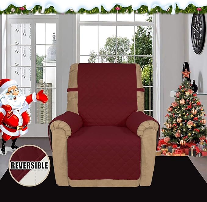 Easy-Going Recliner Sofa Slipcover Reversible Sofa Cover Water Resistant Couch Cover Furniture Protector with Elastic Straps for Pets Kids Children Dog Cat (Recliner, Christmas Red/Ivory)