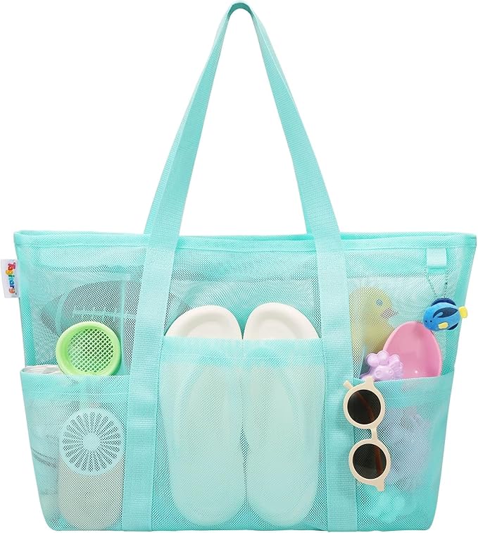 Tagitary Mesh Beach Bag with Zipper Large Beach Tote Waterproof Sandproof with 8 Pockets for Toys Pool Bag Beach Accessories