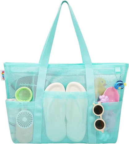 Tagitary Mesh Beach Bag with Zipper Large Beach Tote Waterproof Sandproof with 8 Pockets for Toys Pool Bag Beach Accessories