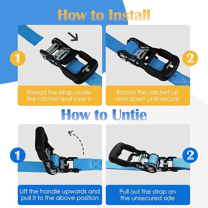 Ratchet Straps 4 Pack - 5,208 Lbs Break Strength 1.5 in x 8.2 Ft Heavy Duty Ratchet Tie Down Straps with S Hooks Set for Truck, Cargo Van, Trailer, Motorcycle (Blue)