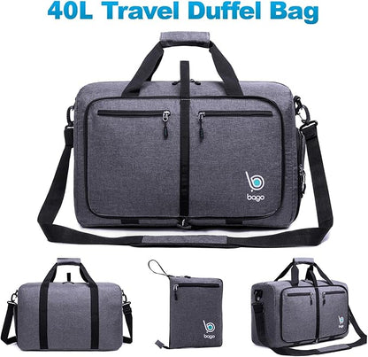 Bago Foldable Duffel Bags for Traveling Women & Men - 40L Sports Packable Duffle Bag for Travel with Shoe Compartment - Water Repellant, Heavy Duty, Lightweight Folding & Collapsible (SnowBlack)