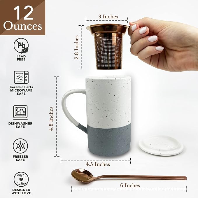 Mora Ceramics Tea Cup with Loose Leaf Infuser, Spoon and Lid, 12 oz, Microwave