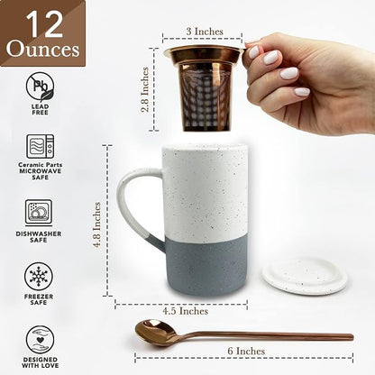 Mora Ceramics Tea Cup with Loose Leaf Infuser, Spoon and Lid, 12 oz, Microwave