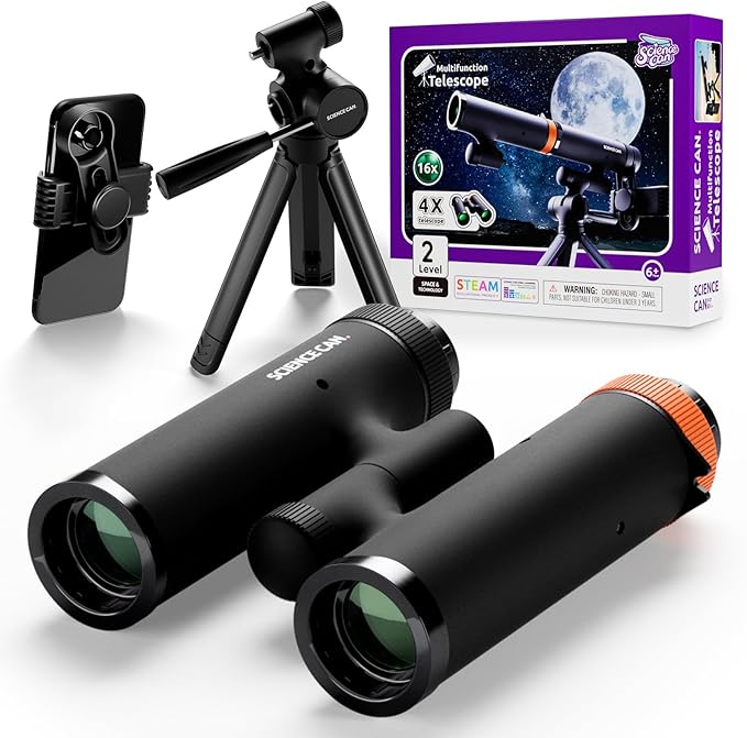 Science Can Binoculars for Kids & Beginners - 3 in 1 Portable Telescope with Adjustable Tripod & Phone Support,16X Magnification for Outdoor Exploration, Science Kit for Boys Girls 6-12 Years Old