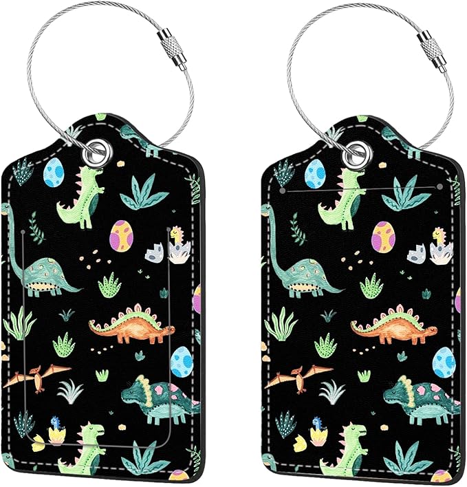 2 Pcs Luggage Tags for Suitcases, PU Leather Cruise Ship Luggage Tags with Privacy Cover Label Address Card and Durable Metal Ring Suitable for Men Women Handbags Backpacks Schoolbag,Small Dinosaur