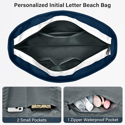 Becokan Beach Bag Initial Beach Tote with Makeup Bag for Travel Work Storage Personalized Birthday Gifts for Women Her