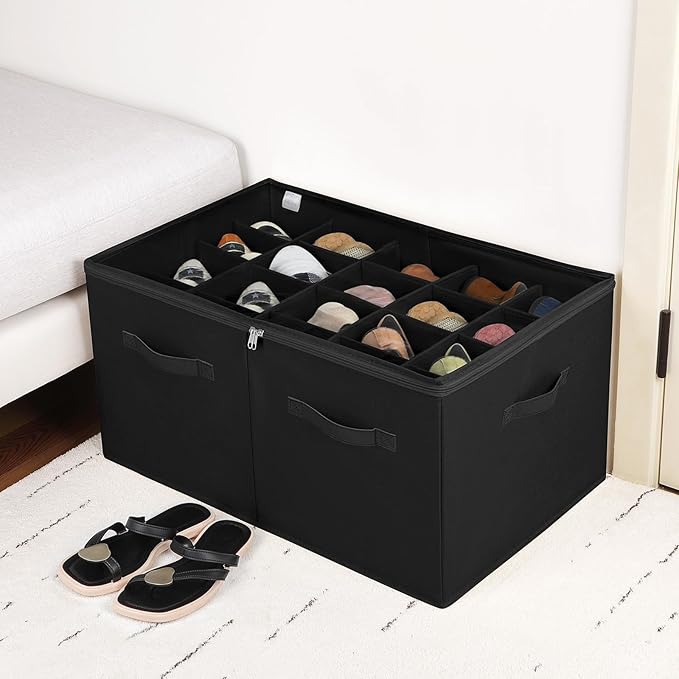Shoe Organizer for Closet, Foldable Shoe Box with Adjustable Dividers and Clear Cover, Space Saving Shoe Storage Organizer Cabinet with Reinforced Handles, Fits 20 Pairs, Black, TP10B