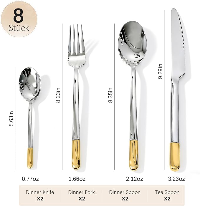 Silverware Set Service for 2, IKXO 8-Piece Modern Stainless Steel Flatware