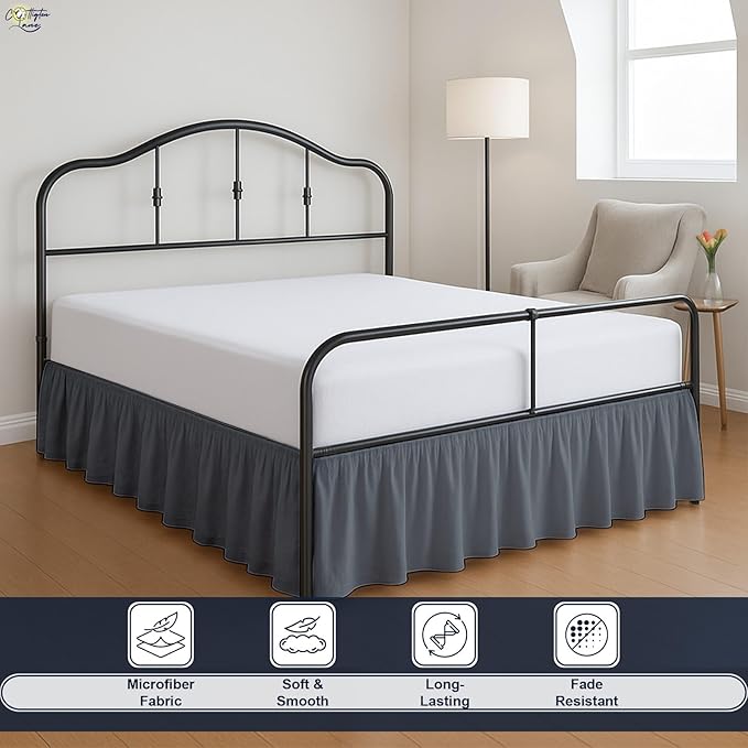 Cottington Lane Ruffled Bed Skirt King Size with Split Corner, Brushed Microfiber Hotel Quality Dark Grey Dust Ruffle, 14 Inch Drop Gathered Bedskirt, Soft and Stylish, Shrinkage and Fade Resistant