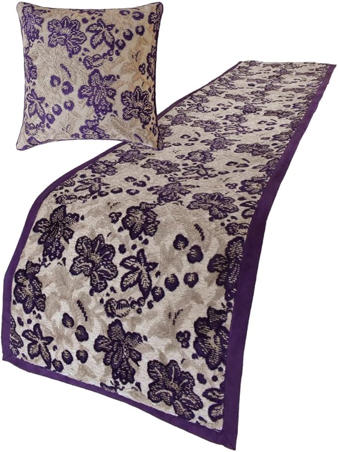 The HomeCentric King/Queen/Twin Purple Designer King 90"x18" Bed Runner with 2 Pillow Cover, Floral, Velvet Bed Scarf on Velvet Fabric - Plum Petal