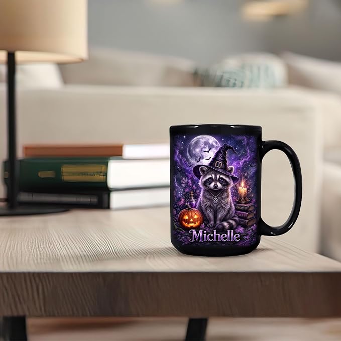 Hyturtle Personalized Halloween Raccoon Mug, Custom Name Gift