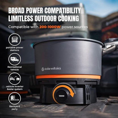 Nomad Cooking System, Electric Camping Stove 200-1000W with Pan & Pot, 120V Portable Outdoor Cooking Gear Set, Windproof Cookware for RV, EV, Overland, Vanlife, Car Camping