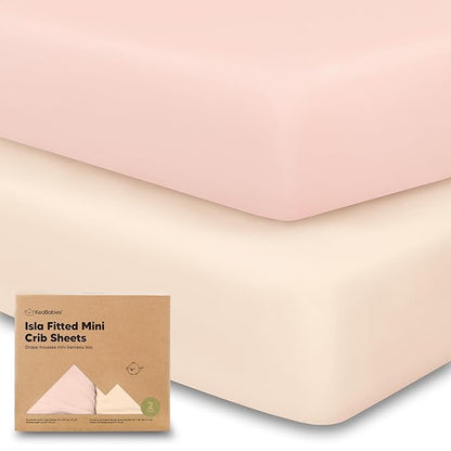 Pack and Play Sheets Fitted - 2-Pack Mini Crib Sheets for Pack N Play Mattress 38x26, Soft & Cozy, Neutral Toddler Playard Bedding, Snug Fitted Mini Baby Crib Mattress Cover Boy, Girl (Cameo)