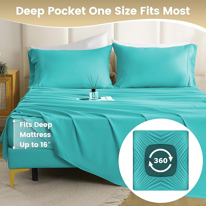 Silky Soft Queen Size Sheet Set - Luxury 4 Piece Breathable Cooling Sheets for Queen Size Bed, 16" Deep Pocket Easy Care Wrinkle Free Bedding Sheet and Pillowcase Set, Turquoise