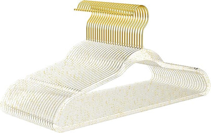 Premium Clear Invisible Acrylic Hangers,Crystal Plastic Hangers with Bling Gold Glitter 50 Pack Ultra Slim & Space Saving Suit Hangers for Coats, Pants & Dress Clothes